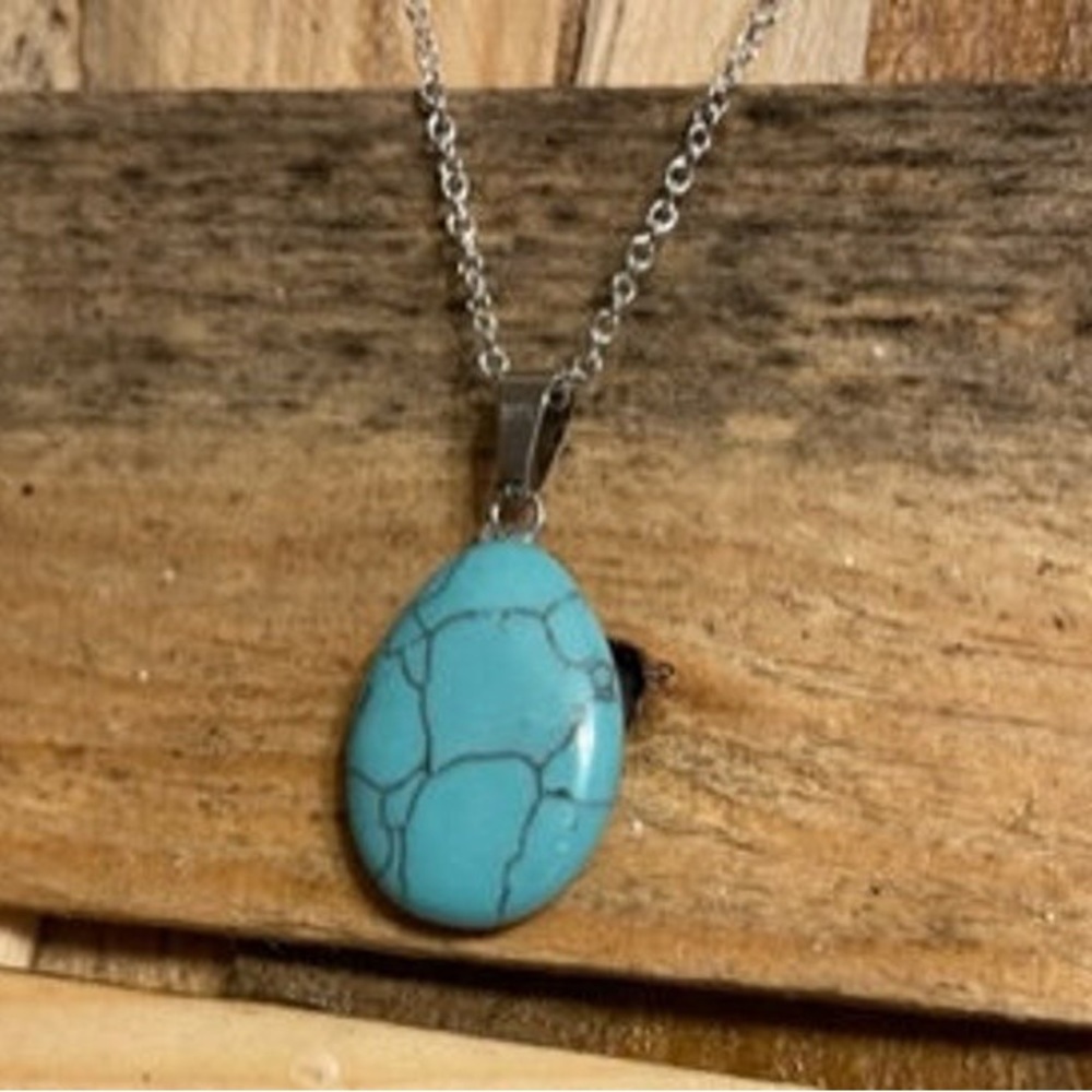 New Handmade 925 Sterling Silver Natural Turquoise Water Drop Necklace - Picture 6 of 15